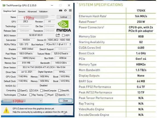 8GB 164 MHS (메세지시스템) NVIDIA CMP 170hx PCI 익스프레스 3.0 X16 256개 비트 0